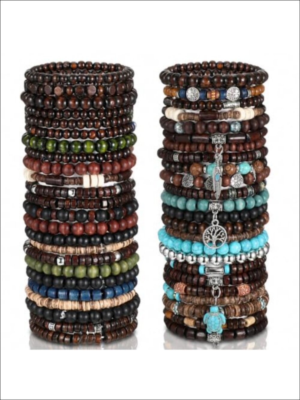 48 Pc Wooden Bead Bracelets Set Punk Gothic Adjustable Elastic Stackable
